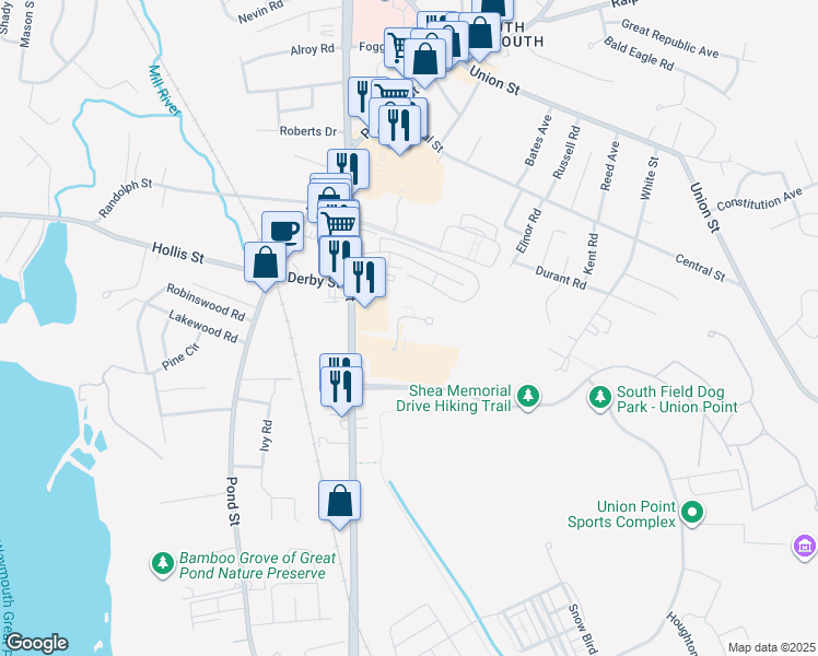 map of restaurants, bars, coffee shops, grocery stores, and more near 59 Greentree Lane in Weymouth