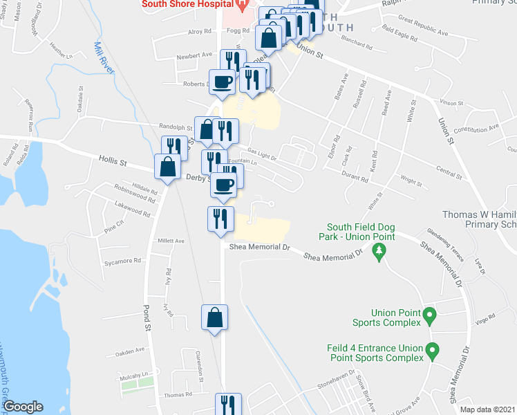 map of restaurants, bars, coffee shops, grocery stores, and more near 25 Greentree Lane in Weymouth
