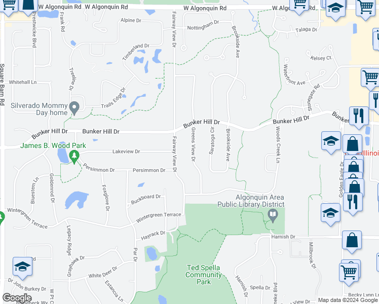map of restaurants, bars, coffee shops, grocery stores, and more near 612 Greens View Drive in Algonquin