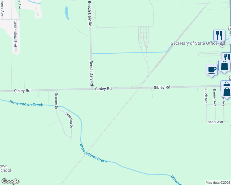 map of restaurants, bars, coffee shops, grocery stores, and more near 25679 Sibley Road in Brownstown Charter Township