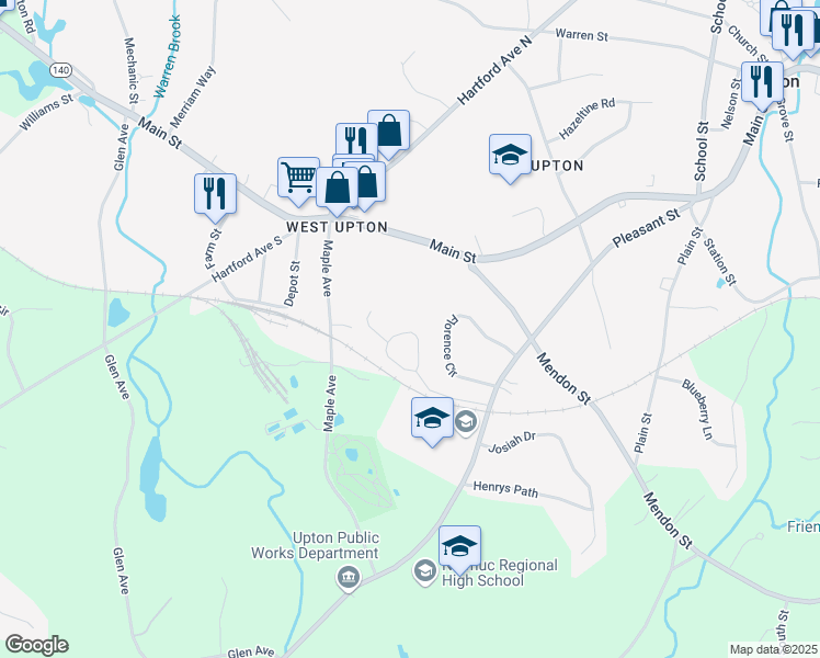 map of restaurants, bars, coffee shops, grocery stores, and more near 29 Knowlton Circle in Upton