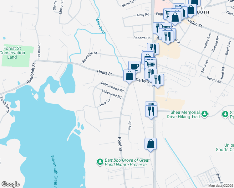 map of restaurants, bars, coffee shops, grocery stores, and more near 25 Lakewood Road in Weymouth