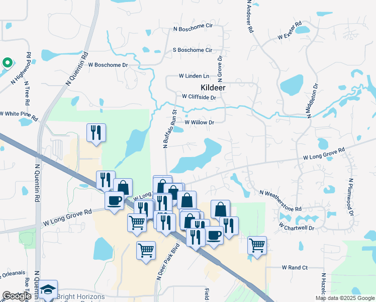 map of restaurants, bars, coffee shops, grocery stores, and more near 21345 West York Court in Kildeer