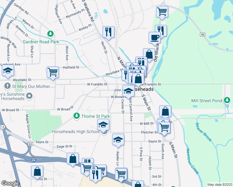 map of restaurants, bars, coffee shops, grocery stores, and more near 312 West Broad Street in Horseheads