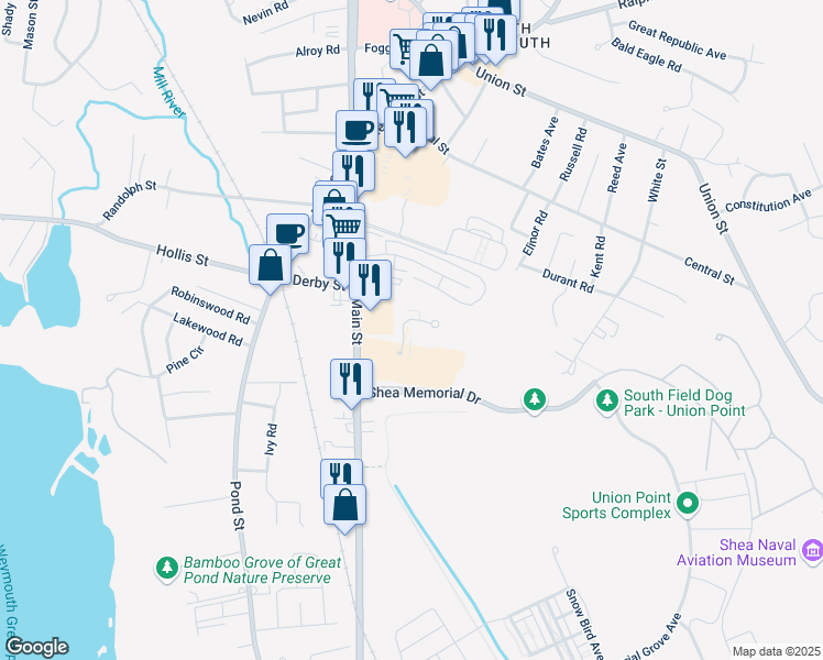map of restaurants, bars, coffee shops, grocery stores, and more near 25 Greentree Lane in Weymouth