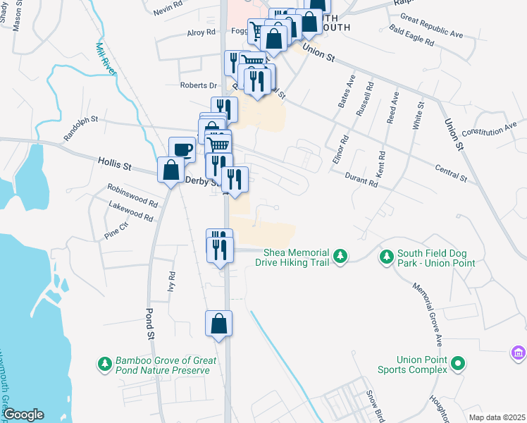 map of restaurants, bars, coffee shops, grocery stores, and more near 59 Greentree Lane in Weymouth