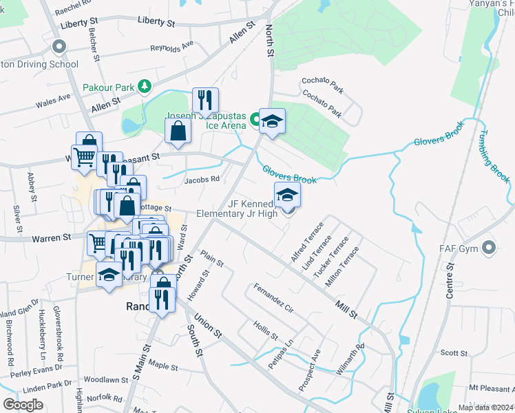 map of restaurants, bars, coffee shops, grocery stores, and more near 15 Thompson Drive in Randolph