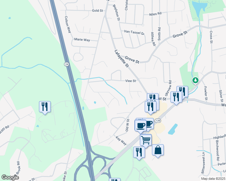 map of restaurants, bars, coffee shops, grocery stores, and more near 46 Birch Drive in Randolph