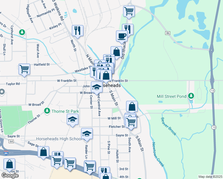 map of restaurants, bars, coffee shops, grocery stores, and more near 101-199 East Broad Street in Horseheads