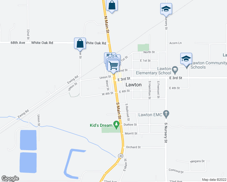 map of restaurants, bars, coffee shops, grocery stores, and more near 128 Main Street in Lawton