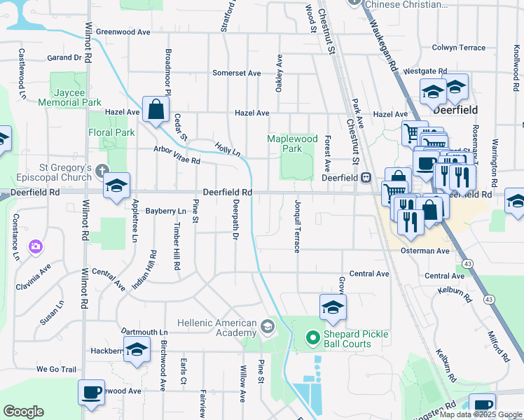 map of restaurants, bars, coffee shops, grocery stores, and more near 1155 Deerfield Road in Deerfield