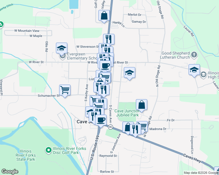map of restaurants, bars, coffee shops, grocery stores, and more near 137-203 S Caves Ave in Cave Junction