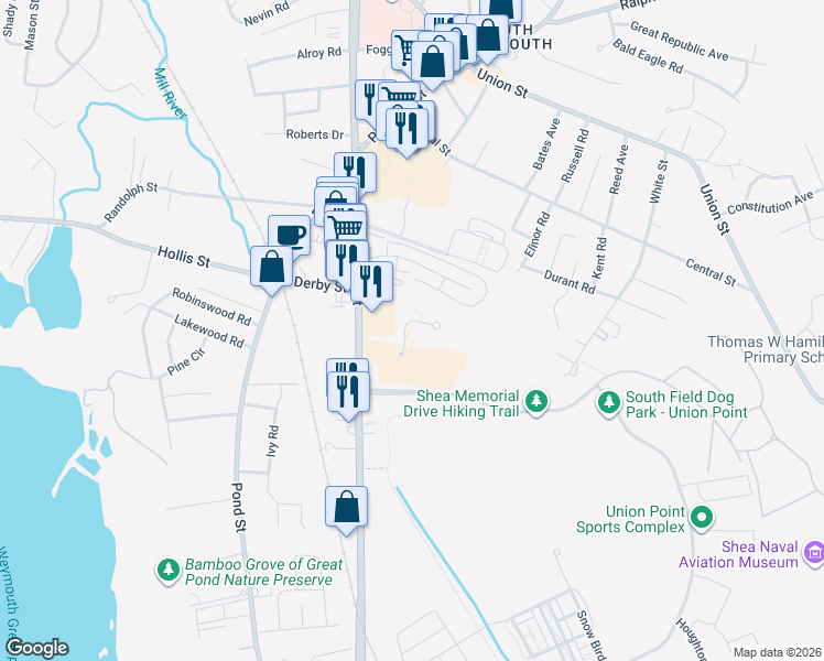 map of restaurants, bars, coffee shops, grocery stores, and more near 59 Greentree Lane in Weymouth