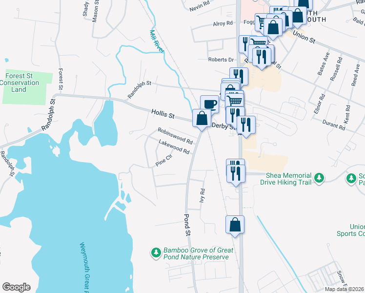 map of restaurants, bars, coffee shops, grocery stores, and more near 25 Lakewood Road in Weymouth