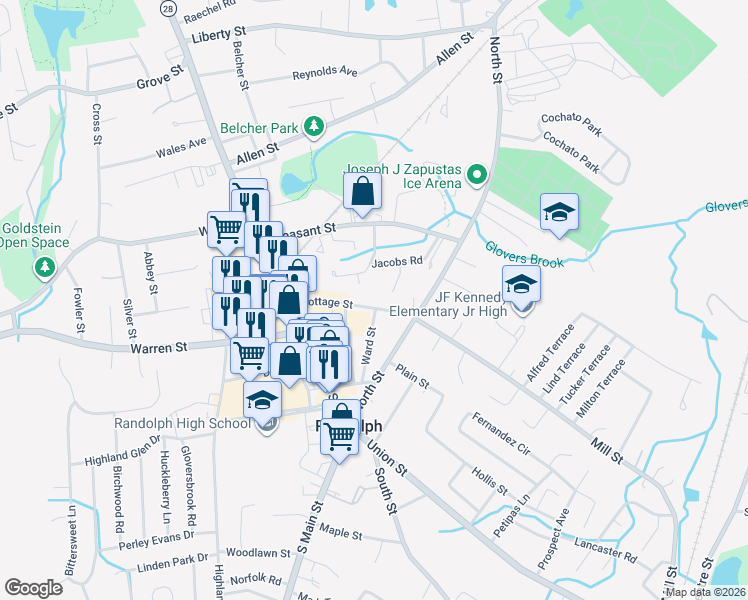 map of restaurants, bars, coffee shops, grocery stores, and more near 82 Cottage Street in Randolph