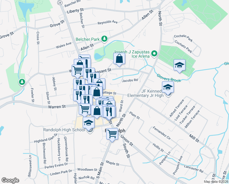map of restaurants, bars, coffee shops, grocery stores, and more near 52R Cottage Street in Randolph