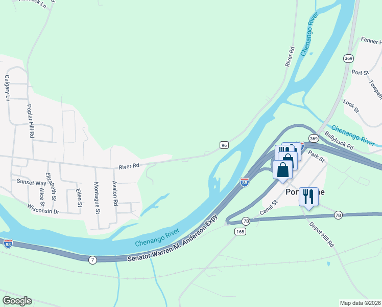 map of restaurants, bars, coffee shops, grocery stores, and more near 1081 River Rd in Binghamton
