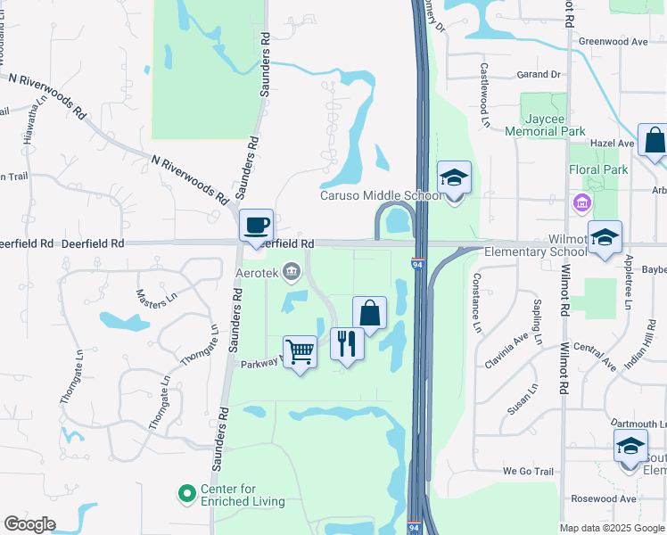 map of restaurants, bars, coffee shops, grocery stores, and more near 10 Parkway North in Deerfield