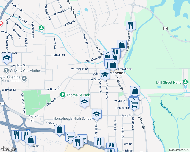 map of restaurants, bars, coffee shops, grocery stores, and more near 312 West Broad Street in Horseheads