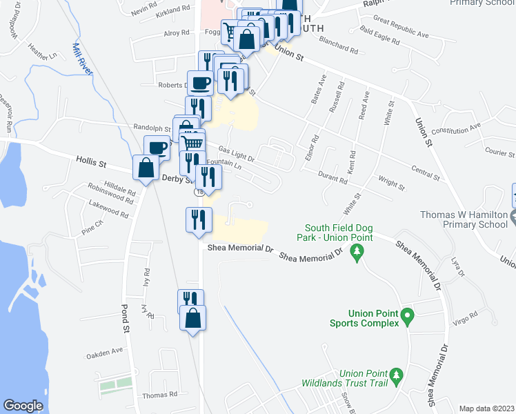 map of restaurants, bars, coffee shops, grocery stores, and more near 65 Greentree Lane in Weymouth