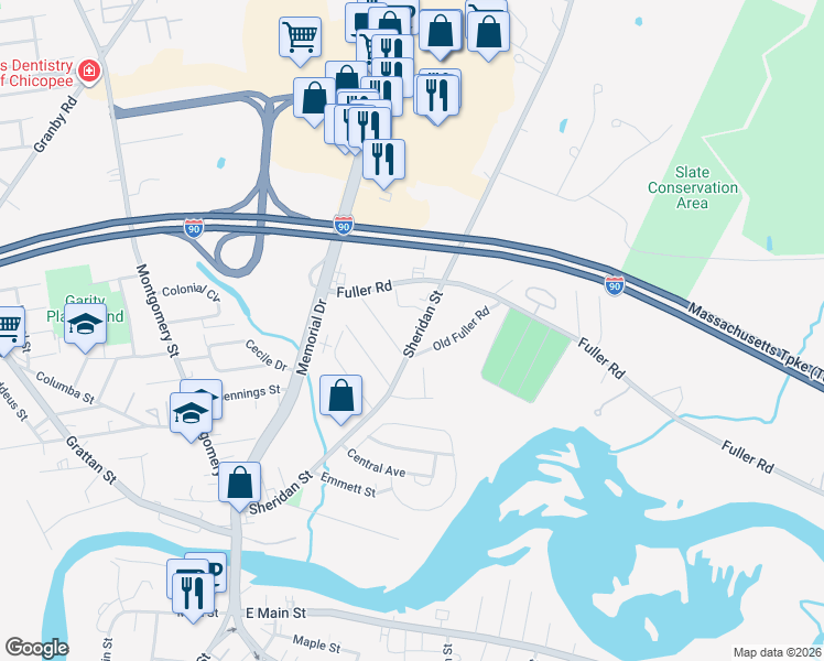 map of restaurants, bars, coffee shops, grocery stores, and more near 266 Sheridan Street in Chicopee