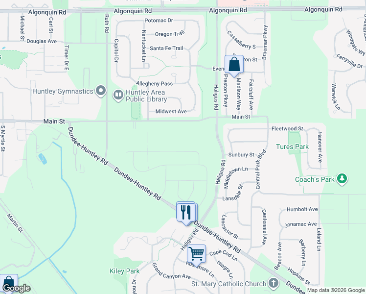 map of restaurants, bars, coffee shops, grocery stores, and more near 10805 Main Street in Huntley
