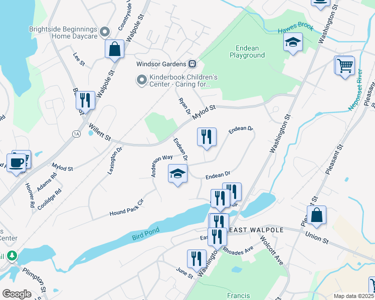 map of restaurants, bars, coffee shops, grocery stores, and more near 16 Endean Drive in Walpole
