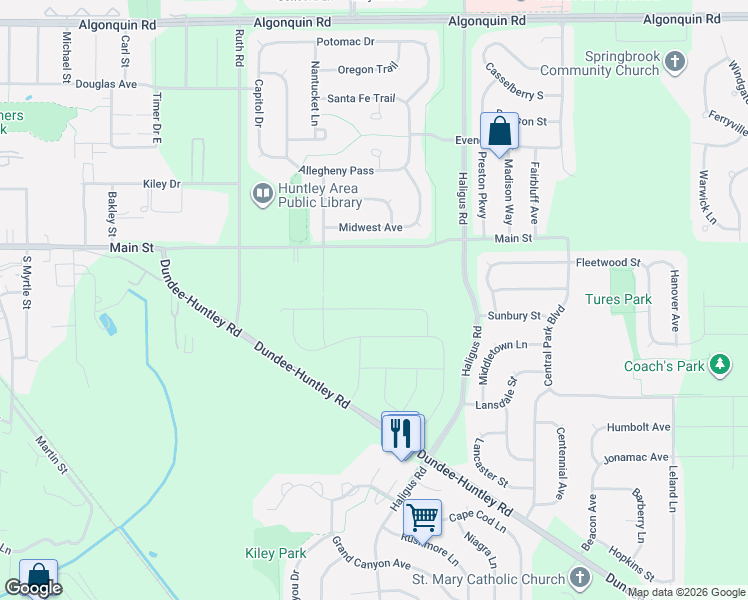 map of restaurants, bars, coffee shops, grocery stores, and more near 10805 Main Street in Huntley