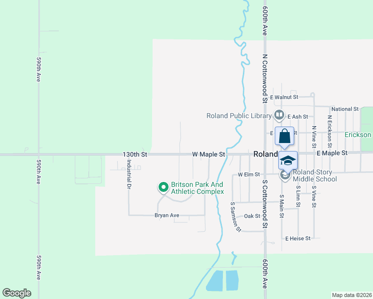 map of restaurants, bars, coffee shops, grocery stores, and more near 509 West Maple Street in Roland