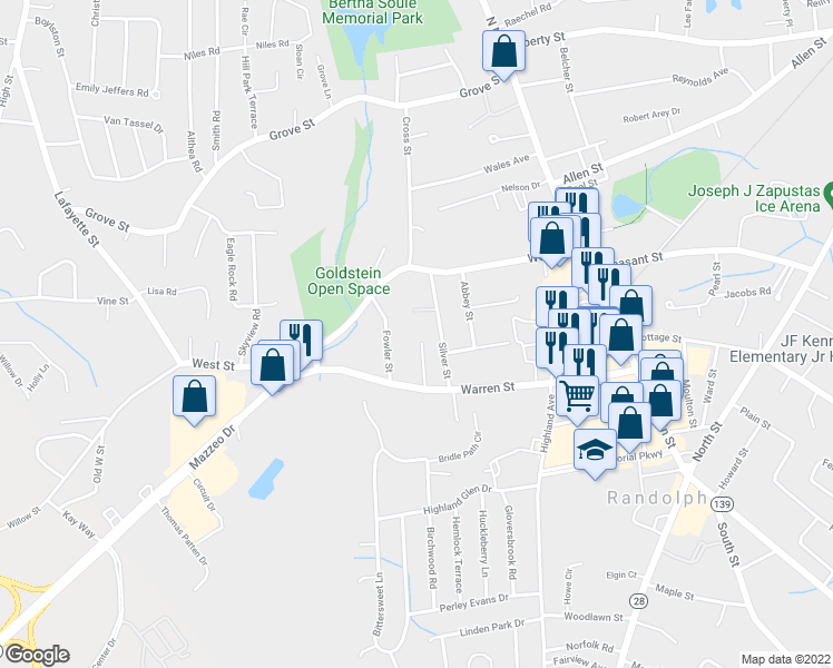 map of restaurants, bars, coffee shops, grocery stores, and more near 50 Warren Avenue in Randolph