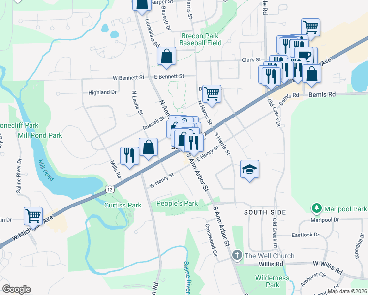 map of restaurants, bars, coffee shops, grocery stores, and more near in Saline