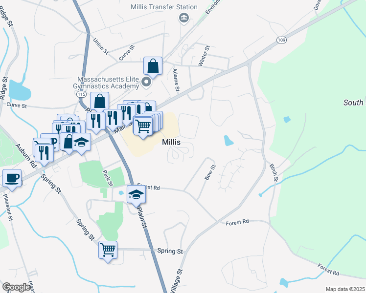 map of restaurants, bars, coffee shops, grocery stores, and more near 22 Hemlock Circle in Millis