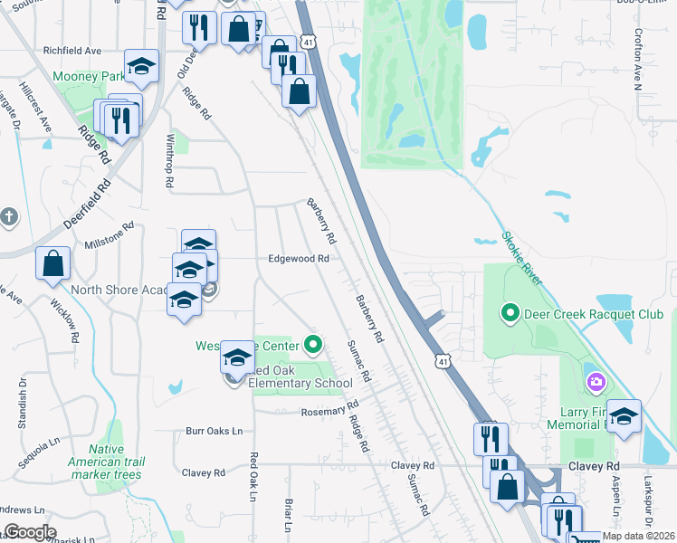 map of restaurants, bars, coffee shops, grocery stores, and more near 768 Barberry Road in Highland Park