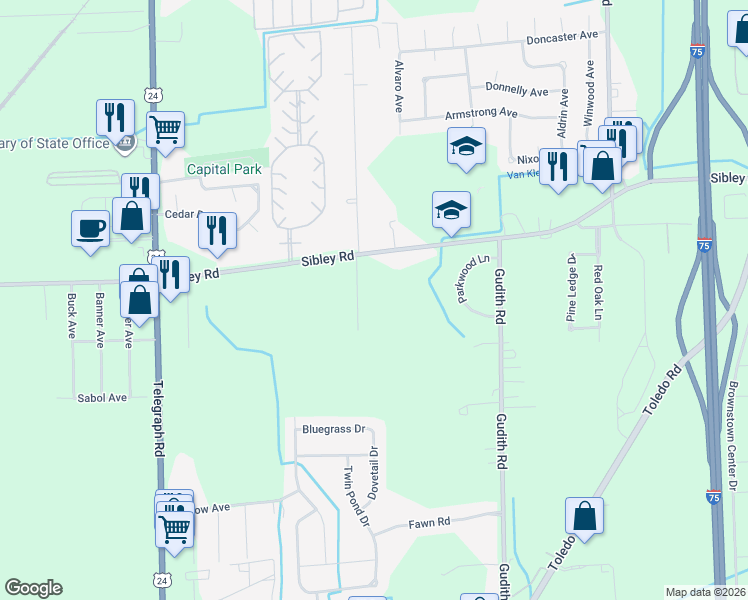 map of restaurants, bars, coffee shops, grocery stores, and more near 23259 Sibley Road in Brownstown Charter Township
