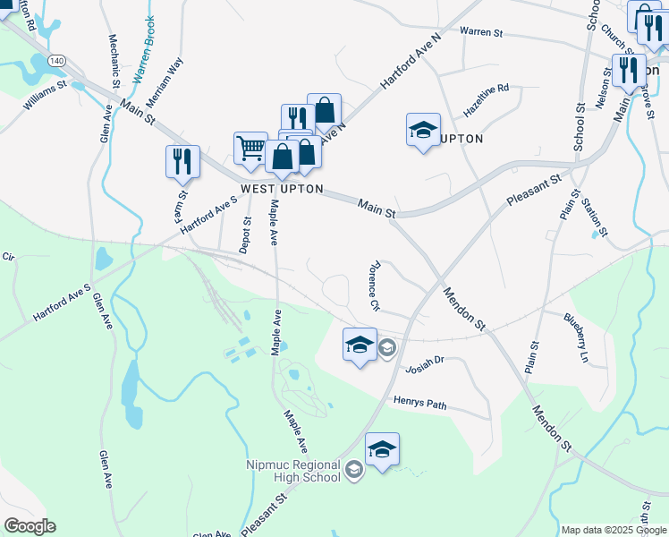 map of restaurants, bars, coffee shops, grocery stores, and more near 29 Knowlton Circle in Upton