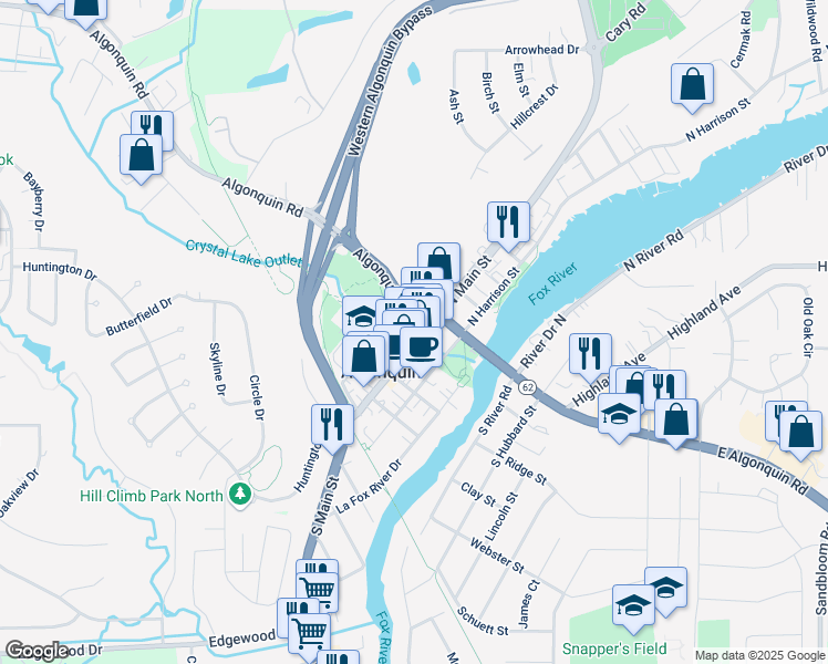 map of restaurants, bars, coffee shops, grocery stores, and more near 122 South Main Street in Algonquin