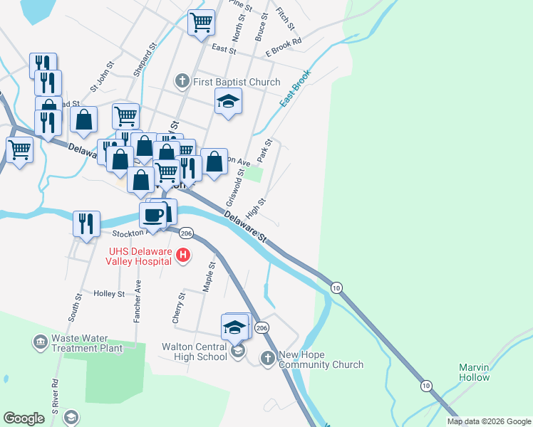 map of restaurants, bars, coffee shops, grocery stores, and more near 12 High St in Walton