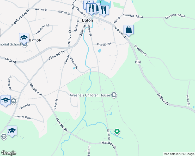 map of restaurants, bars, coffee shops, grocery stores, and more near 53 Grove Street in Upton