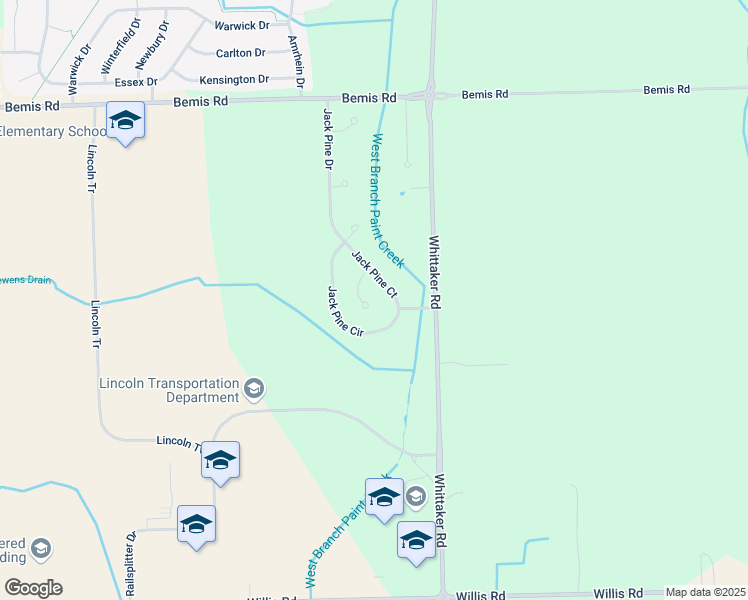 map of restaurants, bars, coffee shops, grocery stores, and more near 8431 Jack Pine Court in Ypsilanti