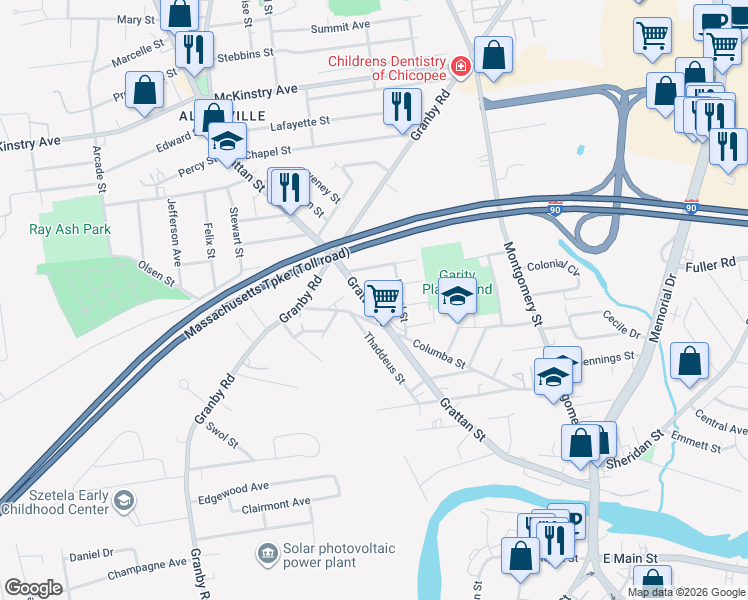 map of restaurants, bars, coffee shops, grocery stores, and more near 348 Grattan Street in Chicopee