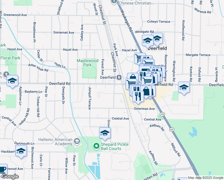 map of restaurants, bars, coffee shops, grocery stores, and more near 740 Chestnut Street in Deerfield