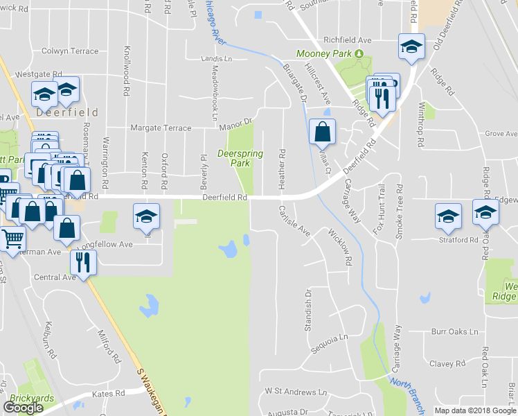 map of restaurants, bars, coffee shops, grocery stores, and more near 155 Deerfield Road in Deerfield
