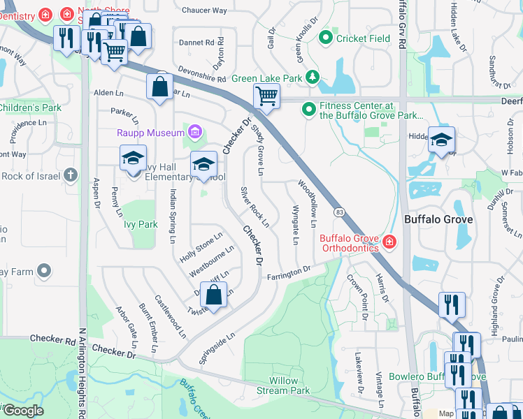 map of restaurants, bars, coffee shops, grocery stores, and more near 710 Silver Rock Lane in Buffalo Grove