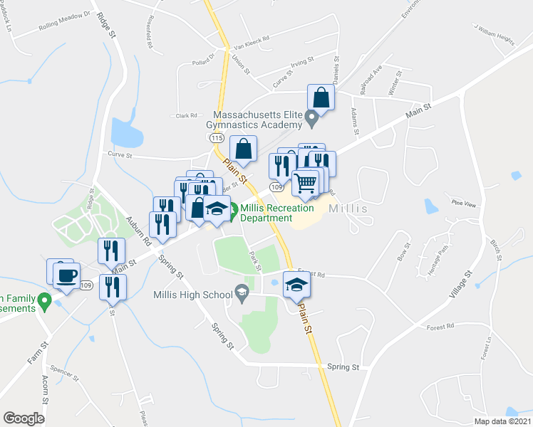 map of restaurants, bars, coffee shops, grocery stores, and more near 121 Plain Street in Millis