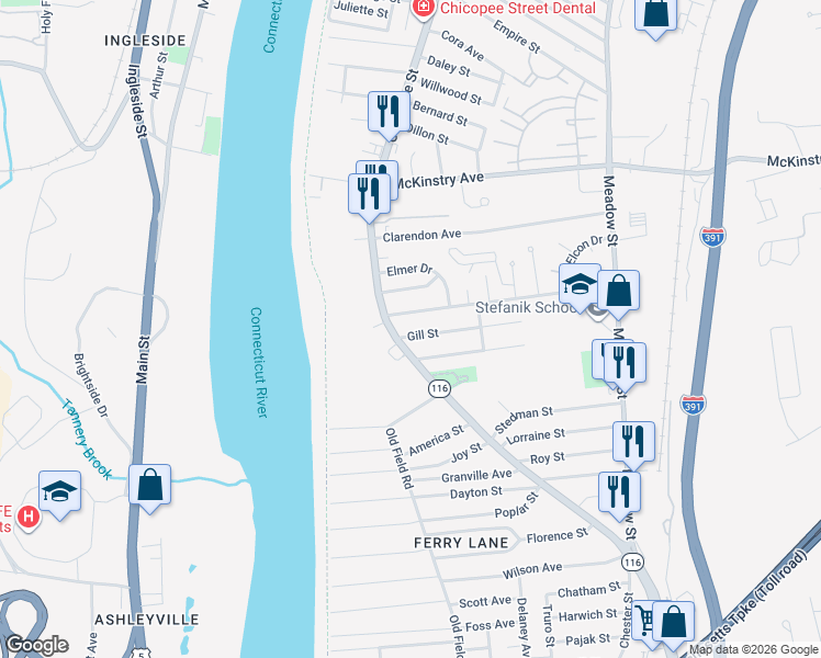 map of restaurants, bars, coffee shops, grocery stores, and more near 14 Gill Street in Chicopee