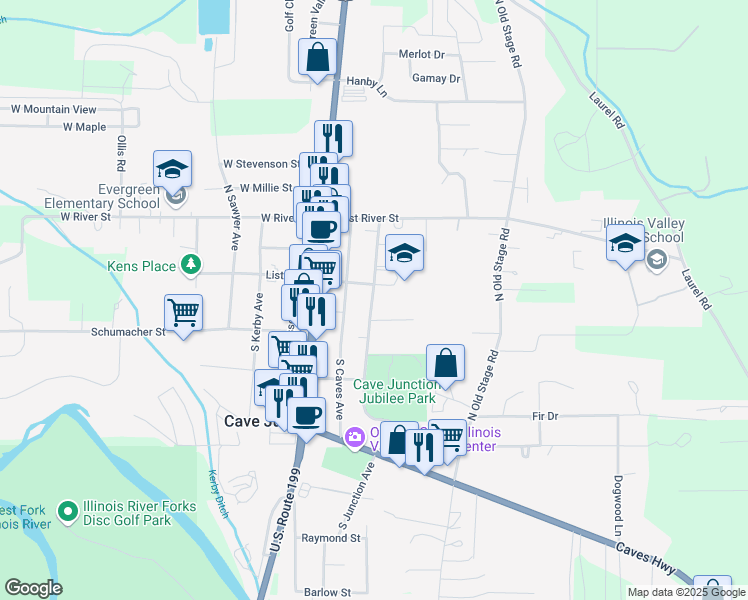 map of restaurants, bars, coffee shops, grocery stores, and more near 101 South Junction Avenue in Cave Junction
