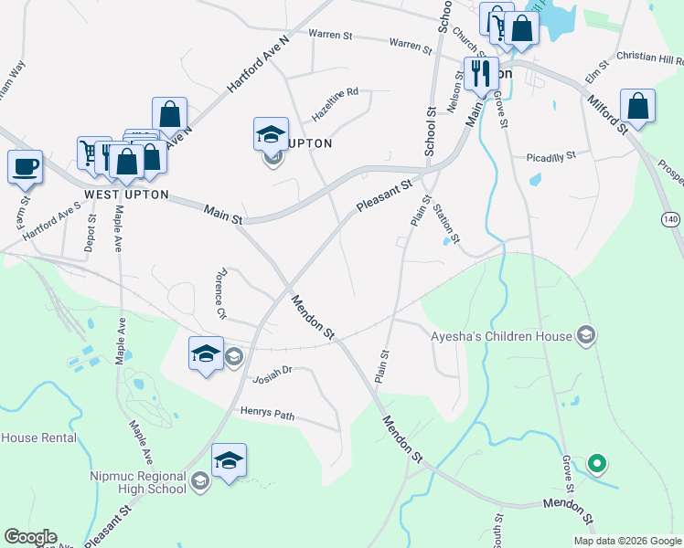 map of restaurants, bars, coffee shops, grocery stores, and more near 23 Warren Road in Upton