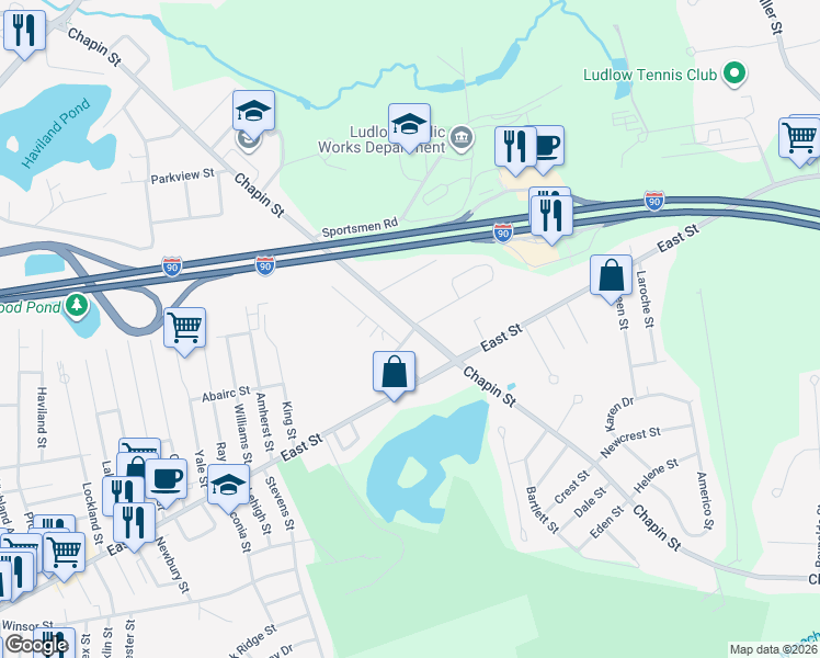map of restaurants, bars, coffee shops, grocery stores, and more near 413 Chapin Street in Ludlow