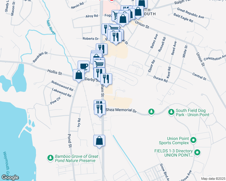 map of restaurants, bars, coffee shops, grocery stores, and more near 15 Webster Street in Weymouth