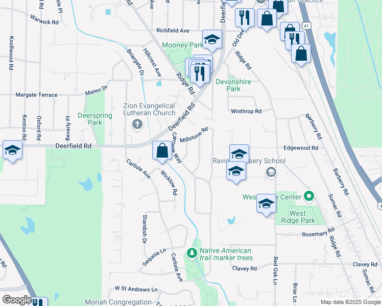 map of restaurants, bars, coffee shops, grocery stores, and more near 763 Fox Hunt Trail in Deerfield